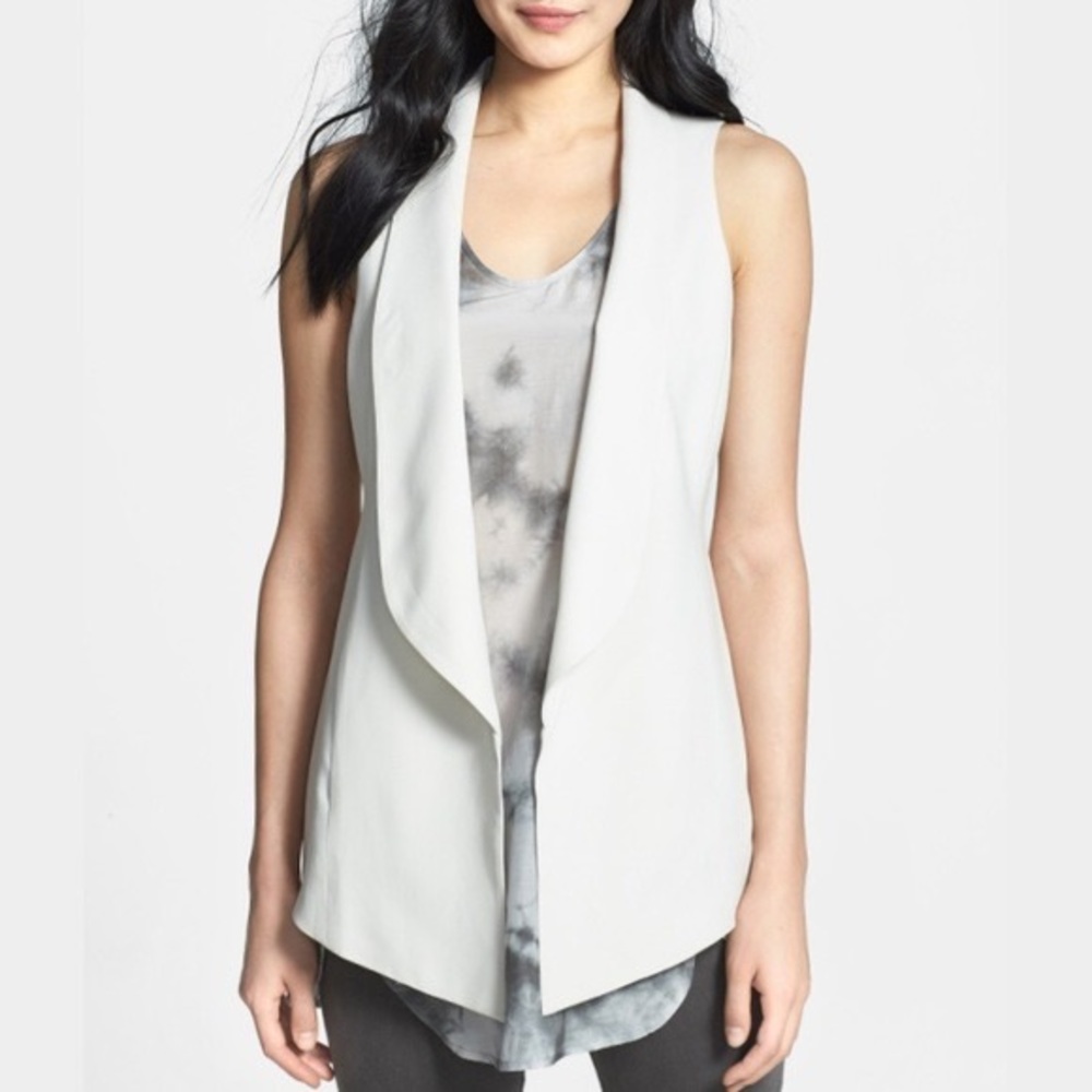 Eileen Fisher 100% Silk Shawl Collar Long Open Vest Sleeveless Blazer Bone White